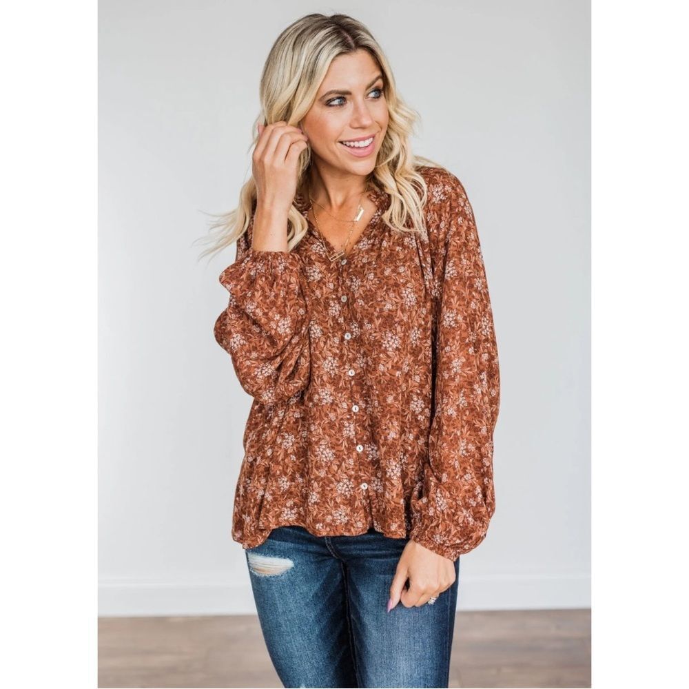 Allie Rose Falling For You Autumn Floral Button-Front Peasant Blouse Size Medium